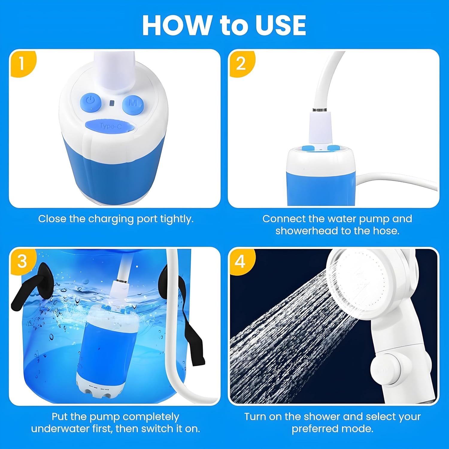 Portable Camping Shower, Upgraded Rechargeable Outdoor Shower Pump with Adjustable Water Flow, Portable Shower for Camping, Hiking, Travel, Beach, RV and Pet Washing