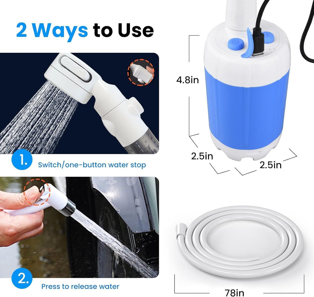 Portable Camping Shower, Upgraded Rechargeable Outdoor Shower Pump with Adjustable Water Flow, Portable Shower for Camping, Hiking, Travel, Beach, RV and Pet Washing
