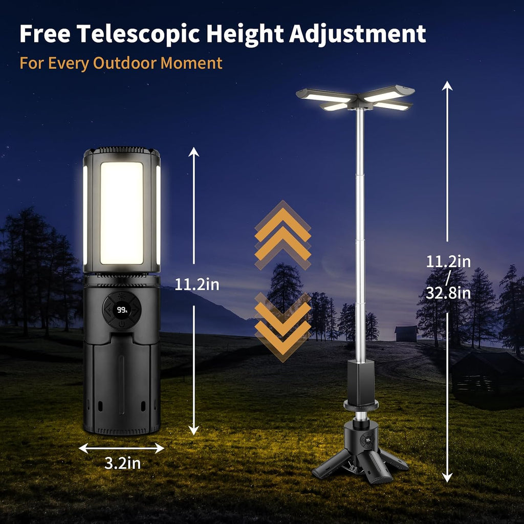 Telescopic Camping Lights with Stand, 14000Mah Rechargeable Camping Lantern,Portable Camping Light, IPX6 Waterproof, Dimmable Outdoor Tent Light for Emergency, Hiking, Fishing, Backyard