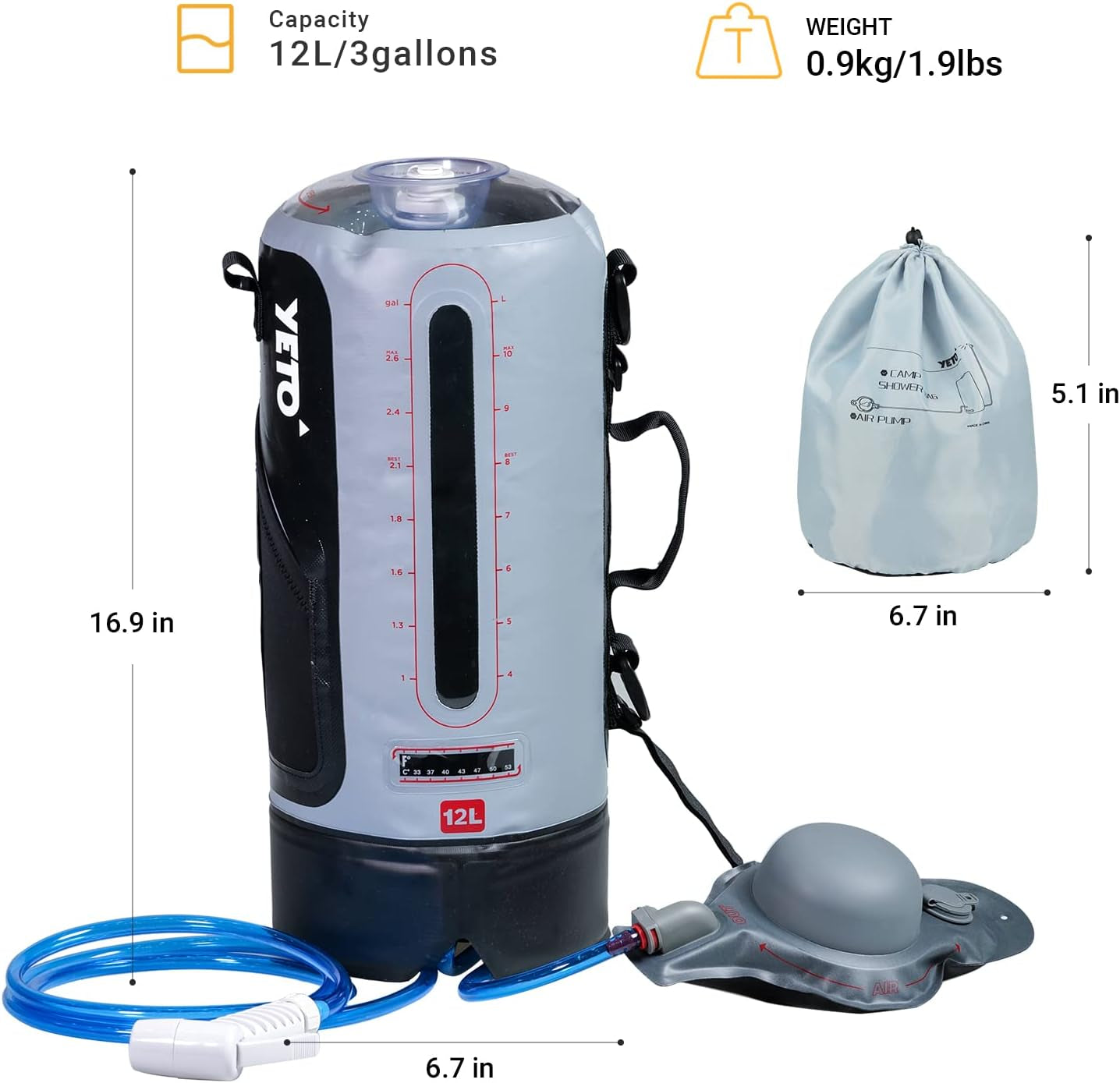 12L/3.17 Gallons Portable Camping Shower Portable Shower for Camping Camp Shower Solar Shower outside Shower with Pressure Foot Pump and Handy Nozzle Camping Showers Camping Shower Bag, GREY-12L