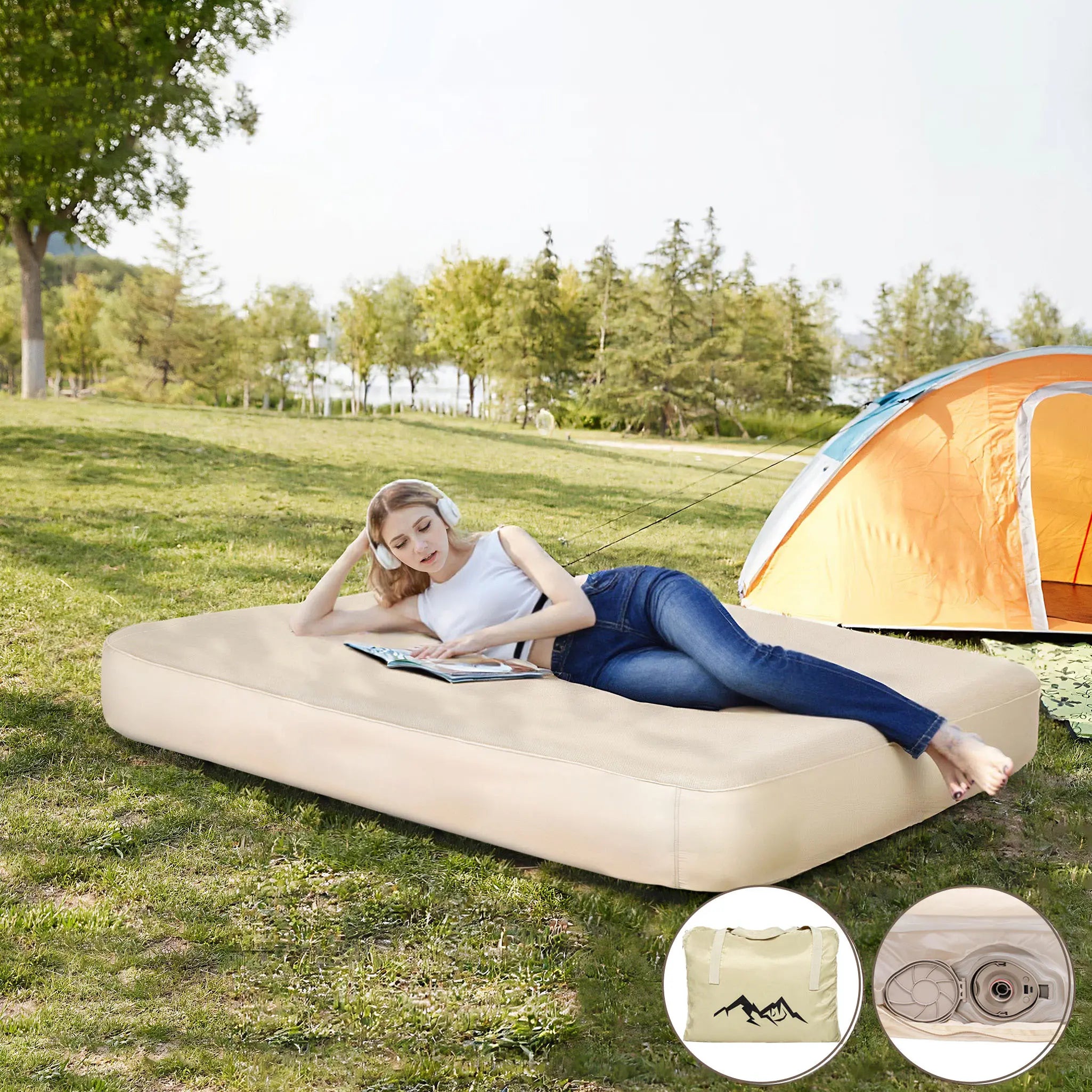 Camping Air Mattress Queen with Built in Pump, 13.78" Height Inflatable Airbed, Fast & Easy Inflation/Deflation Inflatable Mattress with Portable Carrying Bag, Inflatable Bed for Home, Camping