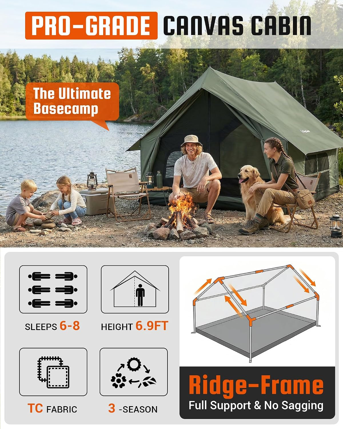 Camping Tent with Floor 6-8 Person, Canvas Hot Tent with Stove Jack, Waterproof & Windproof Cabin Tent for Family Camping & Outdoor Parties
