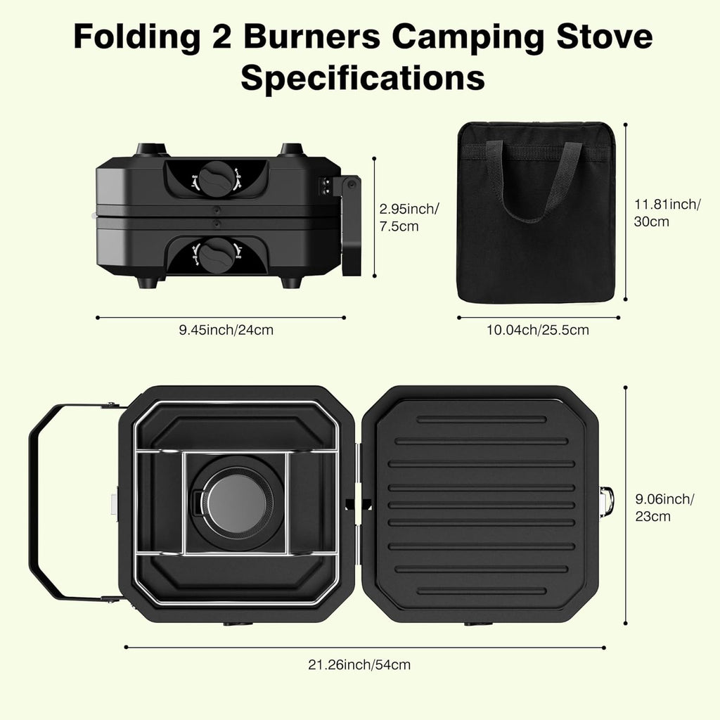 Camping Stove Portable Propane Camp Stove with Independently Adjustable Heat & Carry Bag, Foldable Gas Stove with 2 Burners for Outdoor Cooking,Tailgating & Backyard Gathering,Bbq (Black)