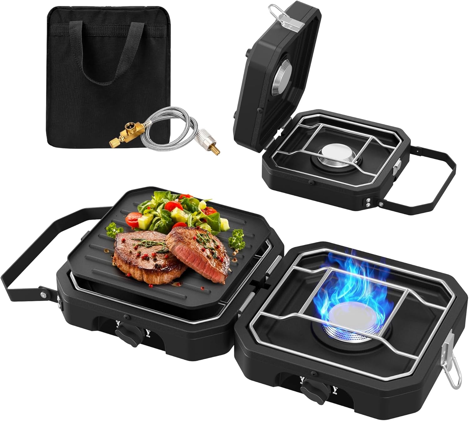 Camping Stove Portable Propane Camp Stove with Independently Adjustable Heat & Carry Bag, Foldable Gas Stove with 2 Burners for Outdoor Cooking,Tailgating & Backyard Gathering,Bbq (Black)