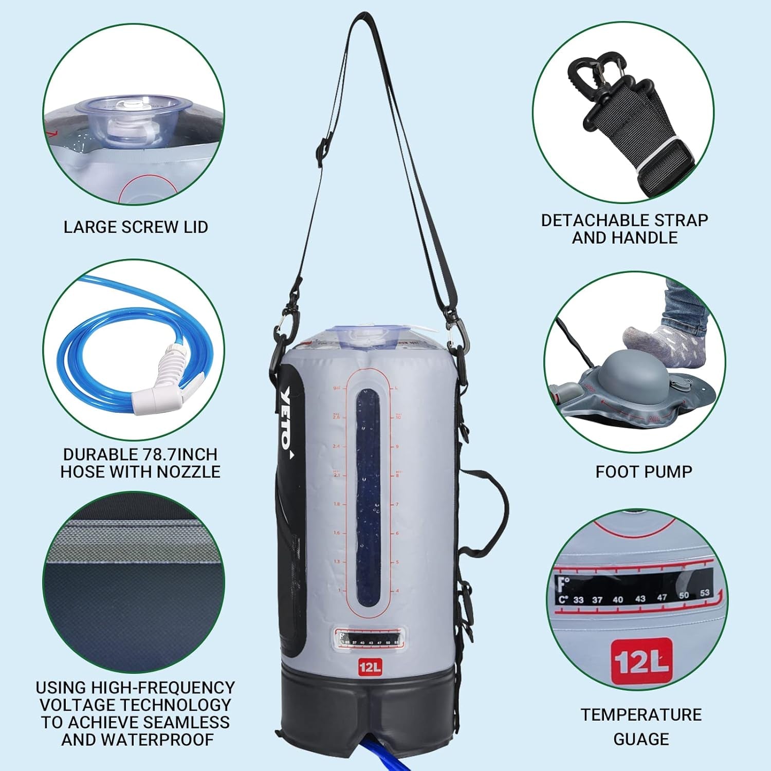 12L/3.17 Gallons Portable Camping Shower Portable Shower for Camping Camp Shower Solar Shower outside Shower with Pressure Foot Pump and Handy Nozzle Camping Showers Camping Shower Bag, GREY-12L