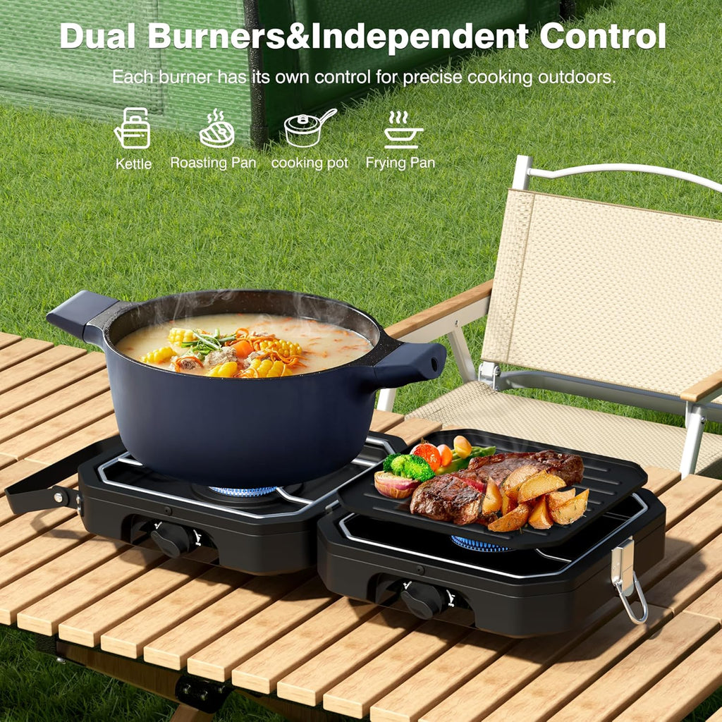 Camping Stove Portable Propane Camp Stove with Independently Adjustable Heat & Carry Bag, Foldable Gas Stove with 2 Burners for Outdoor Cooking,Tailgating & Backyard Gathering,Bbq (Black)