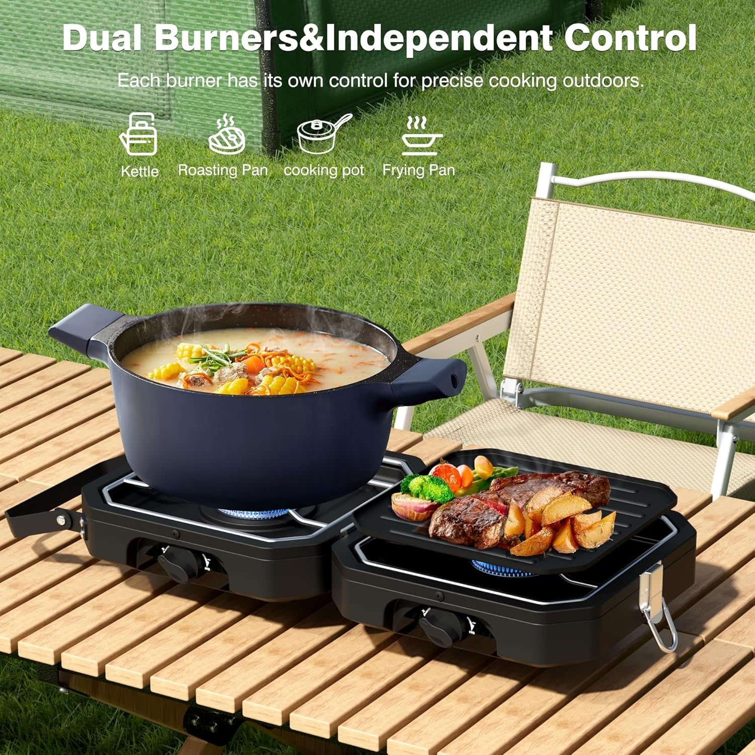 Camping Stove Portable Propane Camp Stove with Independently Adjustable Heat & Carry Bag, Foldable Gas Stove with 2 Burners for Outdoor Cooking,Tailgating & Backyard Gathering,Bbq (Black)