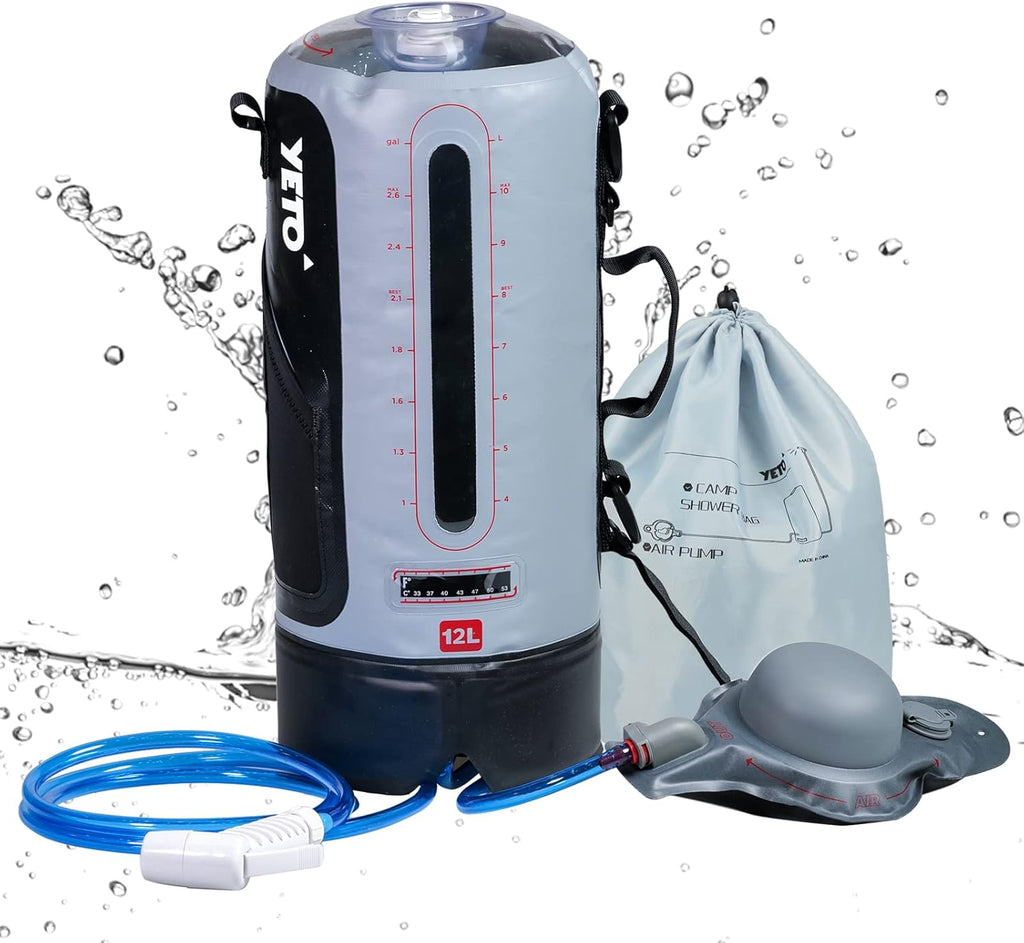 12L/3.17 Gallons Portable Camping Shower Portable Shower for Camping Camp Shower Solar Shower outside Shower with Pressure Foot Pump and Handy Nozzle Camping Showers Camping Shower Bag, GREY-12L