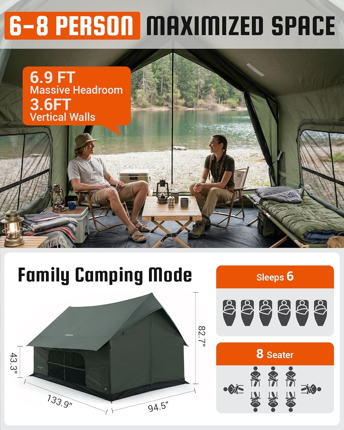 Camping Tent with Floor 6-8 Person, Canvas Hot Tent with Stove Jack, Waterproof & Windproof Cabin Tent for Family Camping & Outdoor Parties