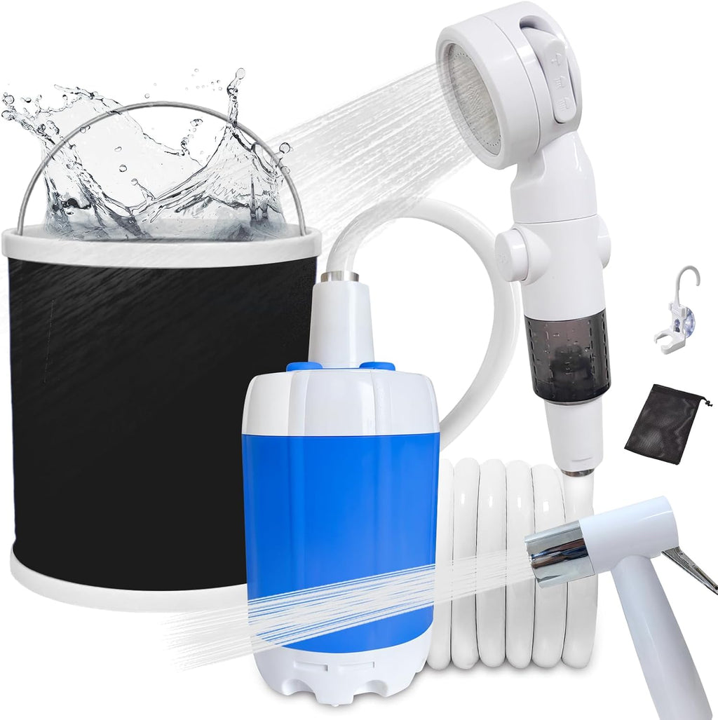 Portable Camping Shower, Upgraded Rechargeable Outdoor Shower Pump with Adjustable Water Flow, Portable Shower for Camping, Hiking, Travel, Beach, RV and Pet Washing