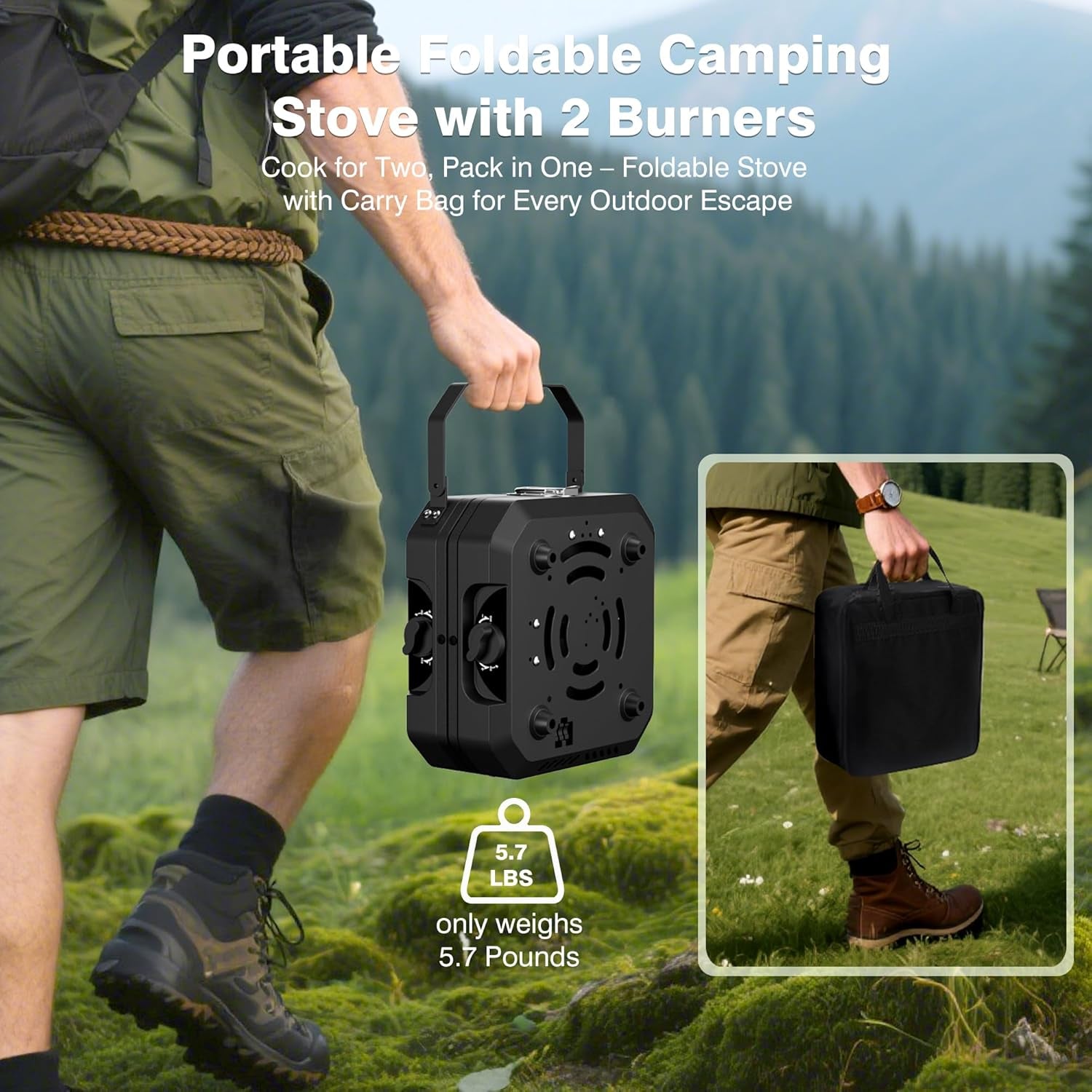 Camping Stove Portable Propane Camp Stove with Independently Adjustable Heat & Carry Bag, Foldable Gas Stove with 2 Burners for Outdoor Cooking,Tailgating & Backyard Gathering,Bbq (Black)